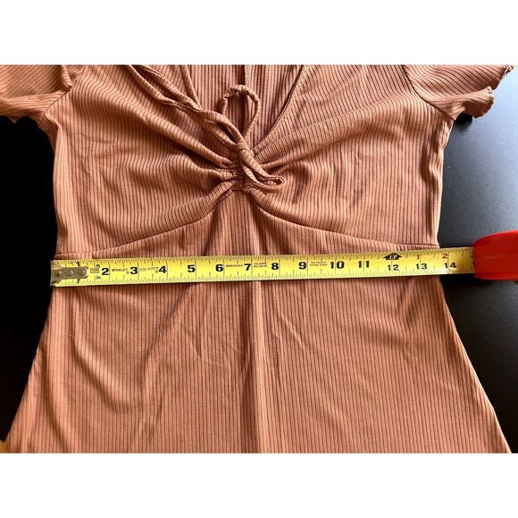 BP Tie Front Lettuce Edge Mini Dress, Tan Color Women Size M, Rib Knit Dress - Picture 11 of 13